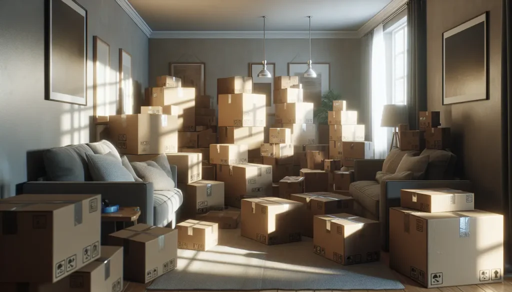 Room filled with stacked cardboard boxes and some furniture.