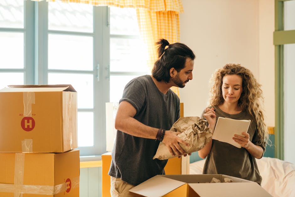 Couple unpacking boxes and checking inventory list at home.