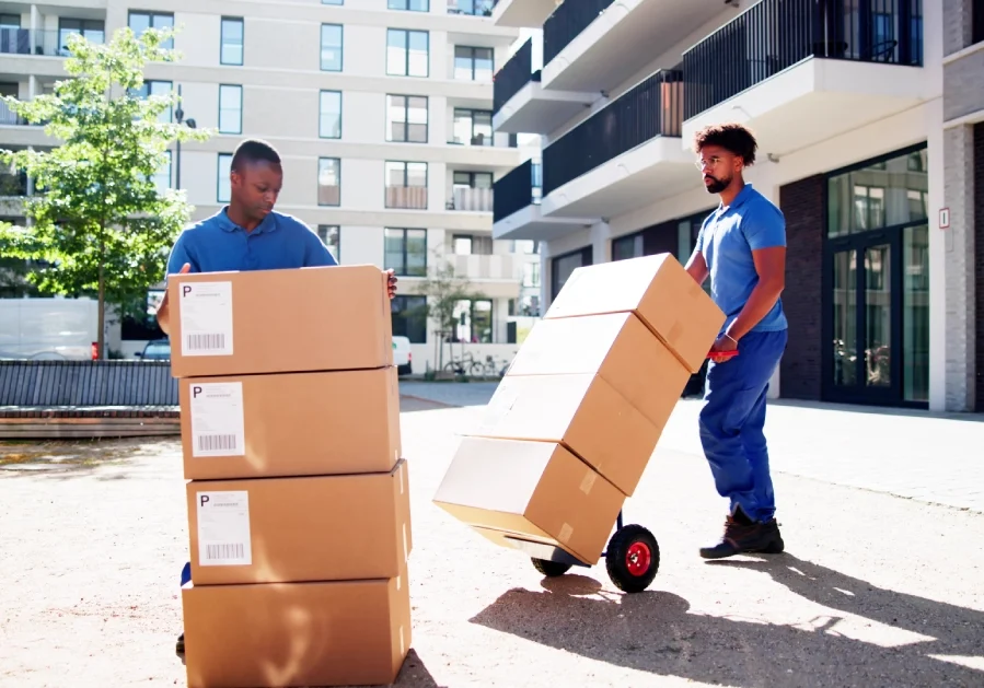 Movers unloading cardboard boxes outside apartment building