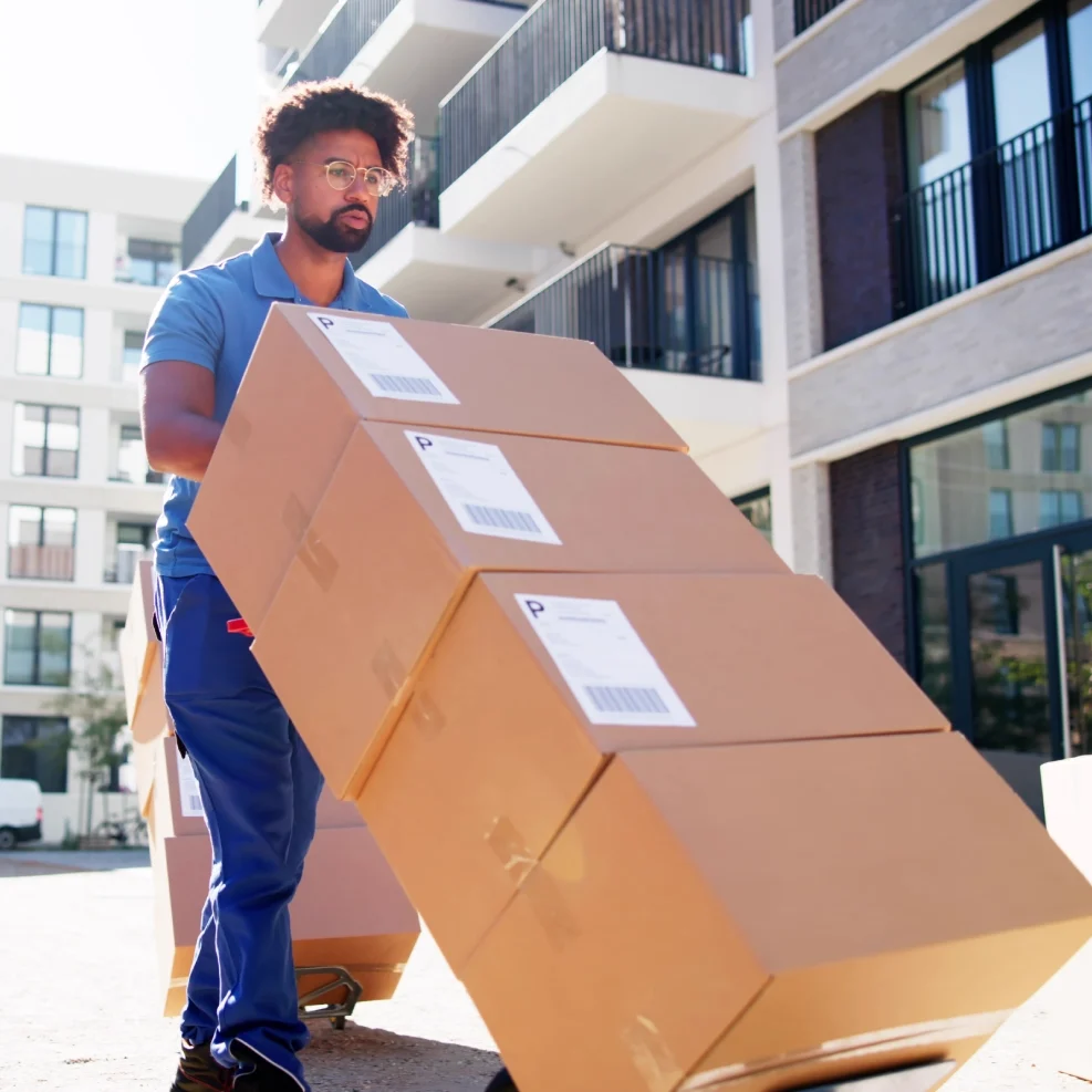 Delivery worker carrying stacked cardboard boxes outdoors